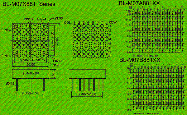 dot matrix LED | 8x8 display 0.7 inch height | bicolor LED Package diagram 